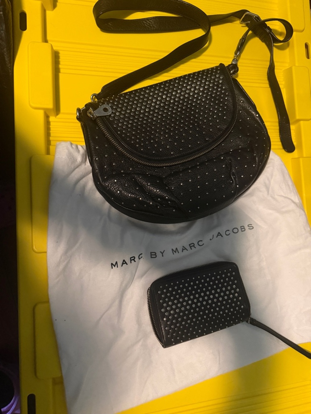 Marc by Marc Jacobs Black Studded Leather Crossbody Saddle Bag and wallet